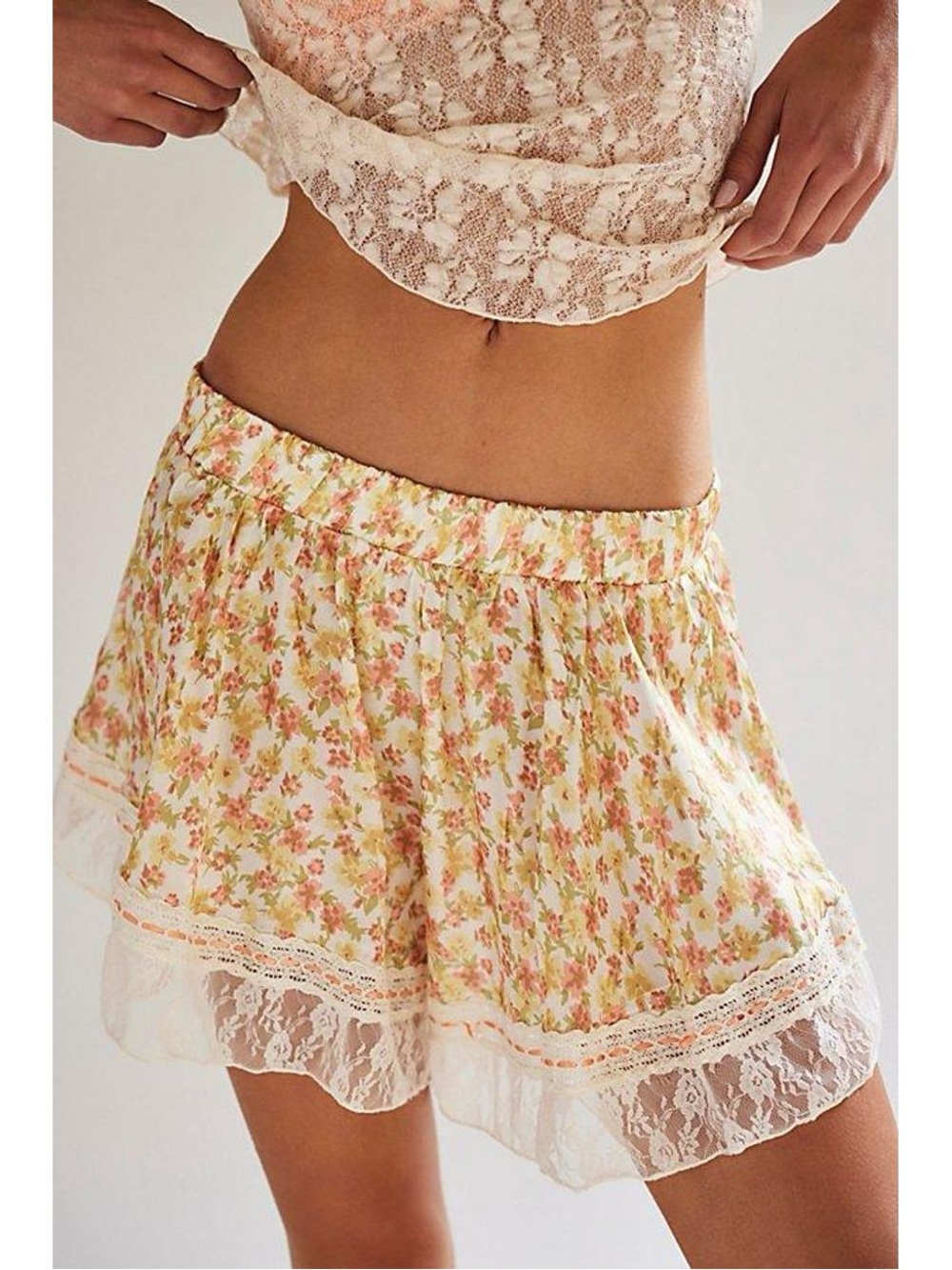 Free People Floral Lace-Trim Skater Skirt in Cream, Pink & Green